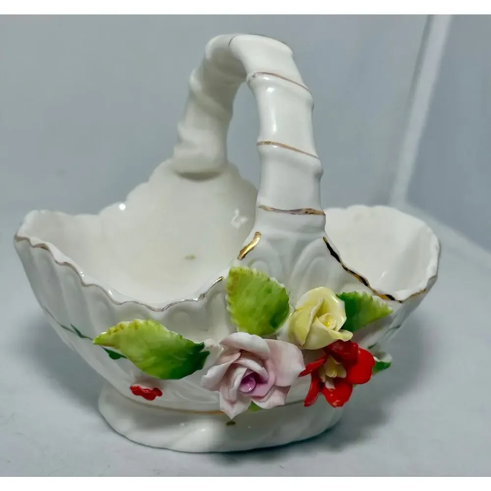 Vintage ARDCO Taiwan Porcelain Flower Basket Applied Roses Gold Trim 5 Inch